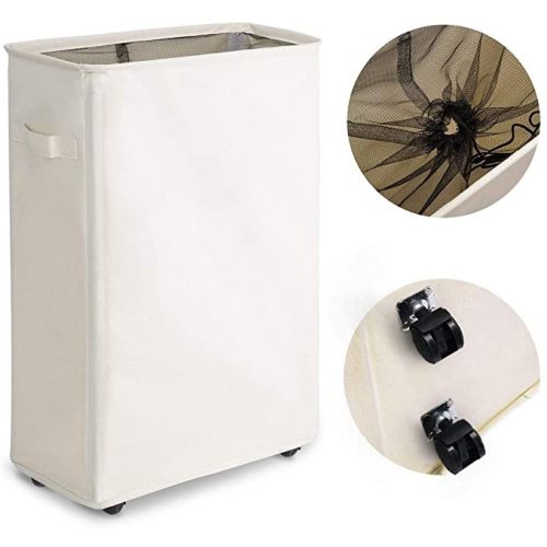 Chrislley Slim Rolling Laundry Hamper with Wheels Thin Laundry Hamper Narrow Clothes Hampers Tall Dirty Laundry Hamper Basket (Slim 22 Inches, Beige) - A-beige