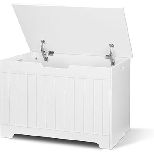 Storage Chest, 30 inches Chest Box Organizer with 2 Safety Hinges, Wooden Entryway Storage Bench, White