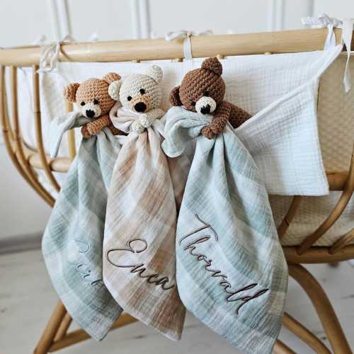 Personalised Baby Comforter, Neutral Teddy Bear Baby Rattle Set Gift, Embroidered Security Blanket, Bunny Lovey, Gingham Checked Muslin