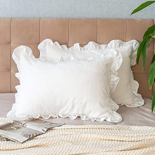 Pillow Shams Set of 2 Pure Cotton Champray Ruffled Edge,Thick and Solid Washed Dobby Heavy Fabric Standard 20x26 Inches