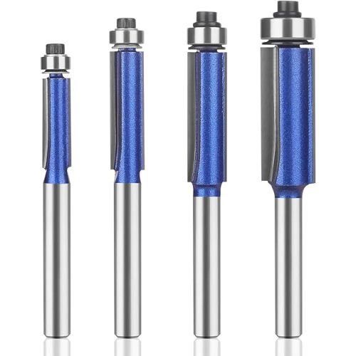 Professional Straight Flush Trim Router Bits 1/4 Inch Shank, Top Bearing Flush Trim Router Bit Set, Cutting Height Respectively 13/16", 1-1/16", 1-3/16", 1-7/32".
