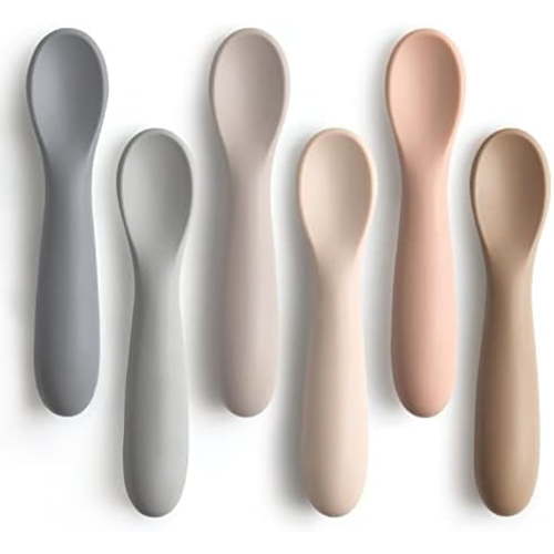 6 Pack Baby Spoons, Shorter Length for Self Feeding, First Stage Spoons, Food Grade Silicone, 6+ Months, Baby Training Spoons, Dishwasher Safe & Boil-proof