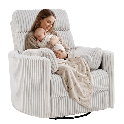 SUNWAVE 40" Oversized Power Nursery Rocking Recliner Barrel Chair | Electric Headrest & Anti-Pinch, Swivel Nursing Chair Lay-Flat Corduroy Rocking Chair Nursery with USB/Type-C