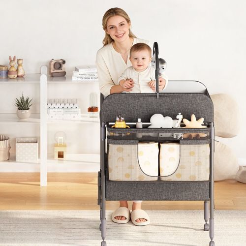 Folding Baby Changing Table Portable with Waterproof Pad,Adjustable Height Station with Storage Drawers, Mobile Nursery Organizer for Newborn&Infant