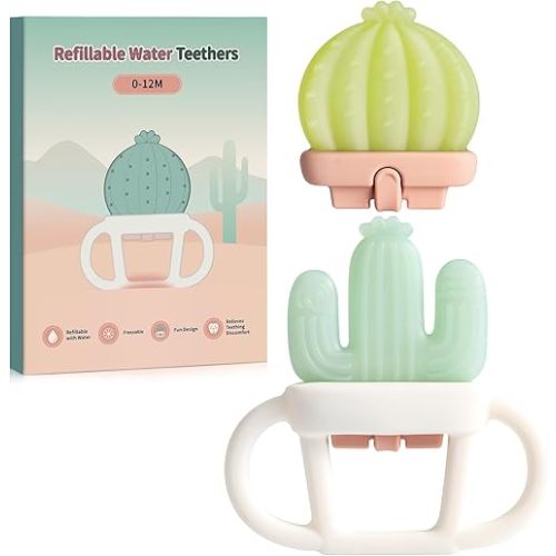 2 Pcs Baby Teether Toy - Water Fillable Teething Relief for Infants 0-12 Months, Silicone Baby Teething Toys Chill Teether, Cools & Massages Sore Gums (Green Cactus)
