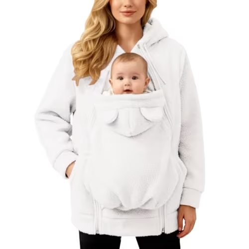 Women Fleece Zip Up 2 in 1 baby Wearing Jacket Thicken Warm Winter Maternity Coat for Mom baby Wearing Clothes White 2XL