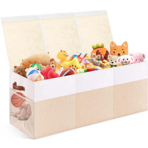 Extra Large Toy Box,Toy Storage Organizer Collapsible Storage Bins with Lids Toy Chest and 2 Side bags ,40"X14"X16"，large toy box for Living Room,Nursery,Playroom(Beige & White)