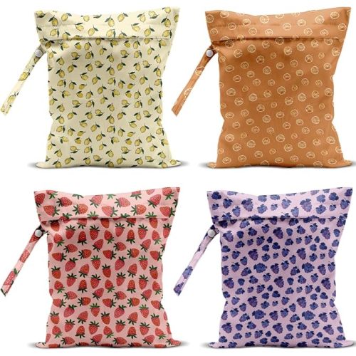 VBCVBGFH 4 Pack Cute Fruit Wet Bag Waterproof Washable Reusable Wet Dry Bag for Swimsuit Clothes Cloth Diaper Travel Beach Pool Yoga Gym Toiletries Travel Beach Essentials Strawberry Orange Apple