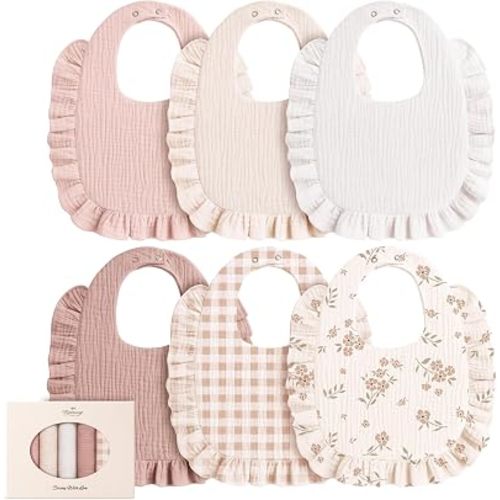 Konssy 6-Pack Muslin Baby Girl Bibs, 100% Soft Cotton Absorbent Drool Bibs