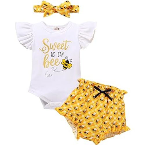 YOUNGER TREE Infant Baby Girl 1st Birthday Outfits Bumble Bee Printed One Romper Shorts Headband Summer Ruffle Sleeve Clothes