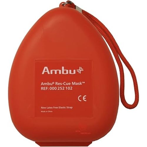 Ambu A/S Res-Cue CPR Resuscitation Mask Kit with O2 Inlet One-Way Valve Filter Head Strap Gloves Wipe Adult Child Emergency Barrier Breathing Protection Hard Case Storage