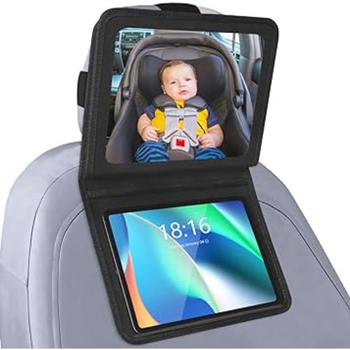 Baby Car Mirror with Touchable Tablet Holder, Adjustable Backseat Mirror for Rear Facing Infant Newborn with Wide and Bright View, Fully Assembled, Stable and Shatterproof for Toddler, Kids
