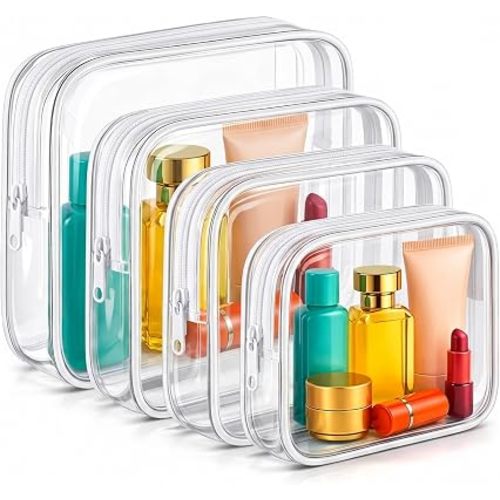 Clear Makeup Bag 4 Pack, TSA Approved Toiletry Bag for Women, Waterproof PVC Cosmetic Pouch Travel Organizer, Clear Bags for Diaper Bag Organizer Purse, Portable Zipper Pouch Set (L+M+M+S) white