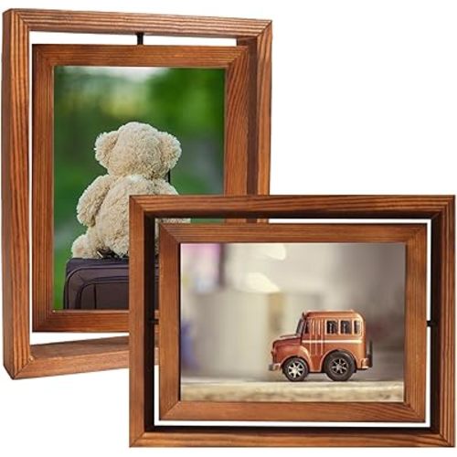 Fixwal Picture Frames, 2 Pack 4x6 Double Sided, Solid Wood, Rotating, Real Glass, Rustic Carbonized Brown, Tabletop
