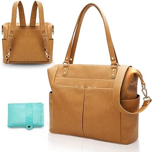 MOMINSIDE Diaper Bag Tote, Leather Diaper Bag Backpack with 14 Pockets for Mom Dad, Convertible Baby Bag for Boys Girls, Baby Registry, Changing Pad, Large 4 Insulated Pockets (Biscuit)