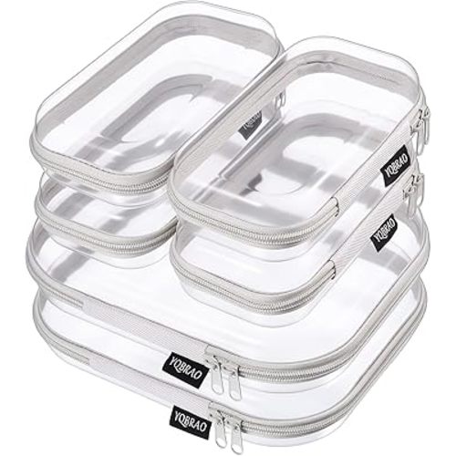 6 Pack Gray Clear Hard Shell Beauty Organizer (2M+4S), 1.2mm Heavy Duty Crush-Proof Cosmetic Case, Reinforced YKK Zippers, Stadium Approved Security Bag for Skincare & Electronics, Multi-Size Set