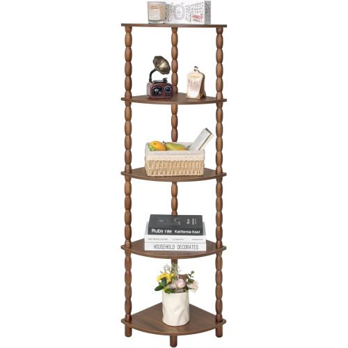 MaxSmeo Corner Shelf, 5-Tier Corner Bookshelf for Small Spaces, Vintage Corner Storage Display Shelves for Bedroom, Bathroom, Kitchen, Living Room (Walnut Brown)
