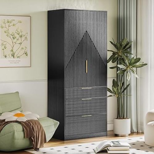 TOKSOM 70" Wardrobe Armoire Wooden Closet with 2 Doors and 3 Drawers, Bedroom Armoire with Hanging Rod Shelf, Large Capacity Storage Wardrobe Armoire, Freestanding Wooden Closet Storage Cabinet Black