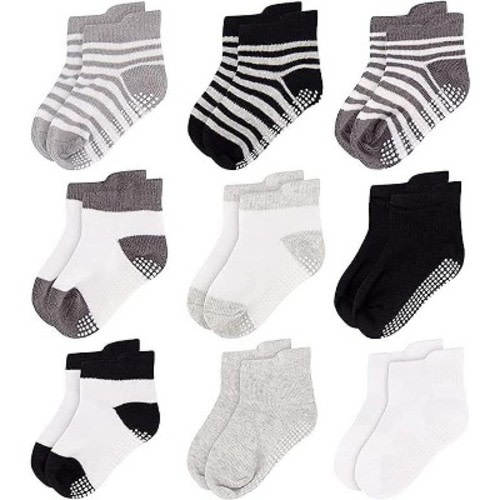Rising Star Baby Boys’ 9-Pack Non-Slip Grip Ankle Socks, Soft Cotton Blend, Gray, 6–12M