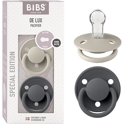 BIBS Pacifiers OneSize | 2-Pack Soothers | BPA-Free Symmetrical Nipple | Made in Denmark | Sand/Iron De Lux Pacifier