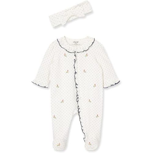 Little Me Clothes for Baby Girls 100% Cotton 2Pc Zipper Closure Footie and Headband Set, Baby Essentials