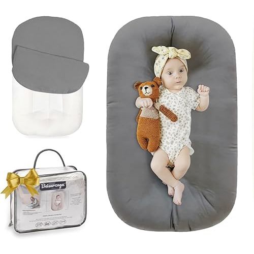 Baby Lounger for Newborn - Snuggle Cozy Me Lounger | Breathable Soft Cotton, 0-24 Months Portable Playtime Baby Nest, Newborn Baby Essentials Gifts - Grey (1 Lounger + 1 Cover)