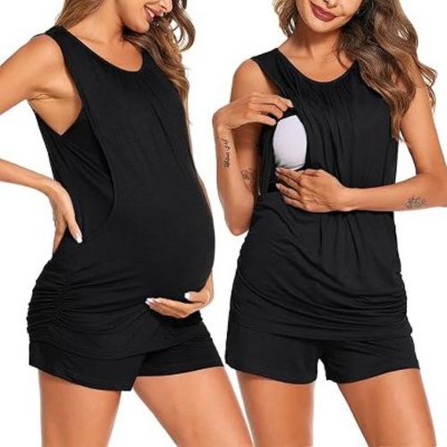 Ekouaer Women Maternity Nursing Pajama Set Breastfeeding Double Layer Pregnancy Pjs Set Sleeveless Top & Shorts with Pockets Black L