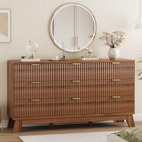 Xixini Fluted Dresser for Bedroom with 9 Drawers, 57" Wide Modern Chest of Drawers with Metal Handle, Wooden Dresser TV Stand, Wood Closet Clothes Storage Organizer for Living Room, Hallway, Walnut