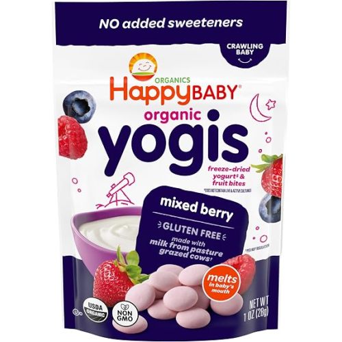 Happy Baby Organic Yogis Freeze-Dried Yogurt & Fruit Snacks Mixed Berry, 1 Ounce Bag Organic Gluten-Free Easy to Chew Probiotic Snacks for Babies & Toddlers