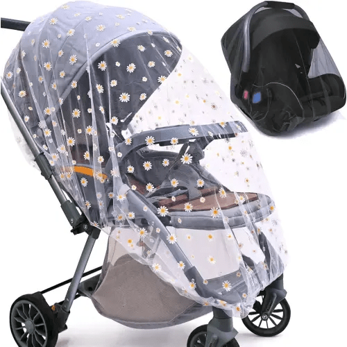 Baby Stroller Mosquito Net (2 Pack) - Durable Mesh Protection for Bassinets, Cradles, Playards, Pack N Plays & Portable Mini Cribs | Breathable Universal Fit Insect Barrier (Black + Daisy)