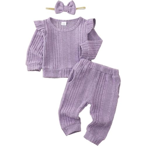Mioglrie Baby Girl Clothes Fall Winter Outfits 3-6 Months Sweatsuit Newborn Sweatshirt Fleece Ruffle Long Sleeve Soft Purple Pant Set Infant Girls Clothing