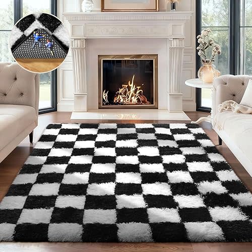 Ophanie Checkered Black & White Rug for Living Room Bedroom, Fluffy Soft Cute Fuzzy Area Rugs, Shag Plush Shaggy Bedside Floor 4x6 Furry Carpet for Kids Baby Teen Dorm Nursery Home Decor Aesthetic