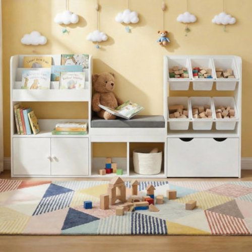 Latitude Run® Kids’ Toy Organizer With Bench, Bookshelf And 6 Plastic Bins | Wayfair