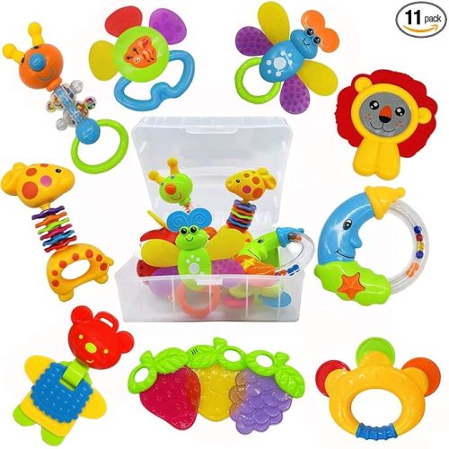 AIVIAI Baby Toys 0-6 Months Infant Toys 0-3 Months Infant Rattles Baby Rattle Teether Toy Set with Storage Box Musical rattles for Newborn Boy Girl Gifts Set with Baby's First Rattle Teether (11pcs)