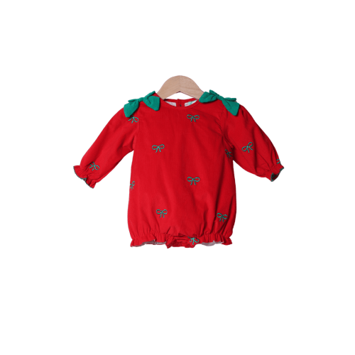 Embroidered Bows Red/Green Corduroy Bubble