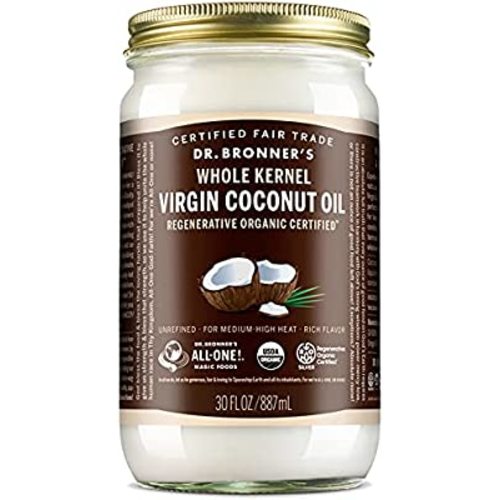 Dr. Bronner's - Organic Virgin Coconut Oil (Whole Kernel, 30 Ounce) - Coconut Oil for Cooking, Baking, Hair and Body, Unrefined and Fresh-Pressed, Rich and Nutty Flavor, Fair Trade, Vegan, Non-GMO