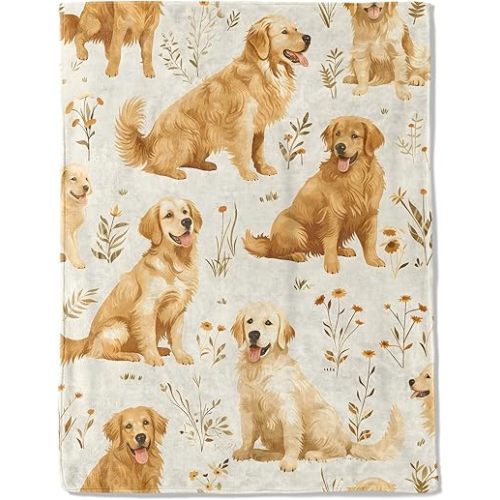 Golden Retriever Flannel Blanket - Lightweight Soft Cozy Gifts Blankets for Dog Lovers, Kids, Women,Cute Floral Art Style Throw,Elegant Home Room Modern Retro Decor 50x60in