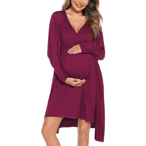 SWOMOG Women Maternity Nursing Gown and Robe Set 3 in 1 Labor Delivery Nursing Nightgown for Breastfeeding Hospital Bathrobe