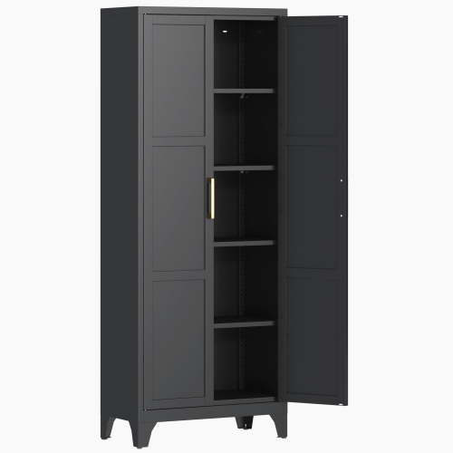 Topass Freestanding Pantry Storage Cabinet, 2-Door, 5-Shelf, Black, 70.87" Tall