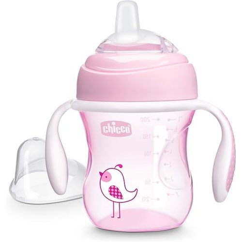 Chicco Transition Sippy Cup with Silicone Spout and Spill-Free Lid 7oz.| Calibration Markings | Removable Handles | Top-Rack Dishwasher Safe | Easy to Hold with Ergonomic Indents | Pink| 4+ months