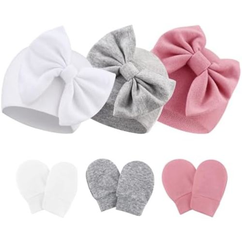 Newborn Baby Hats and Mittens Set Infant Bow Beanie Cap Toddler Gloves Newborn Hospital Hats for Baby Boy Girl 0-12 Months