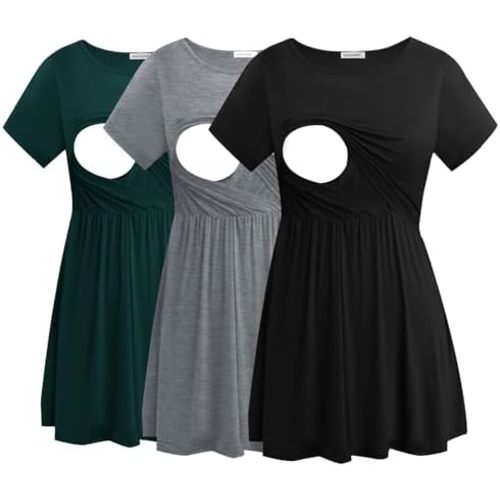 Smallshow Women's Short Sleeve Maternity Nursing Tops Breastfeeding Clothes 3 Packs