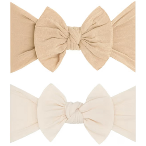 Baby Bling Bows - Newborn to Little Baby Girl Bows, 2 Pack Nylon Super Soft Stretchy Knot Toddler Headbands, Perfect Hair Accessories Head Bands for Infant Kids (Fawn & Oatmeal)