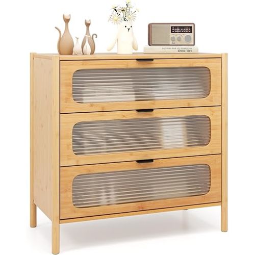 Giantex Bamboo 3-Drawer Storage Cabinet, Modern Nightstand with Reeded Tempered Glass Front, Anti-Tipping Kit, Non-Slip Foot Pads, End Table for Sofa Side Bedside Living Room, Entryway, Hallway