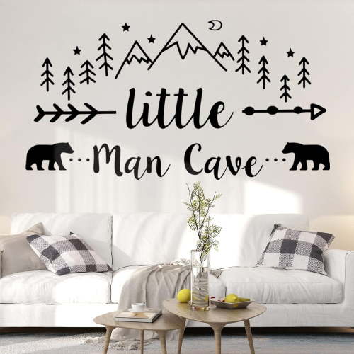 Little Man Cave Wall Decals, Mountain Woodland Bear Wall Stickers Decor, Easy Peel and Stick, Black