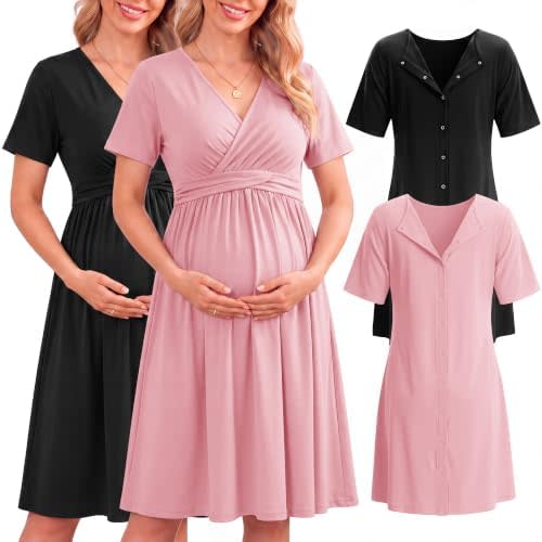 Cutecrop 2 Pack Labor and Delivery Gown for Hospital Maternity Nursing Dress Nightgown Button Back Birth Recovery Sleepwear