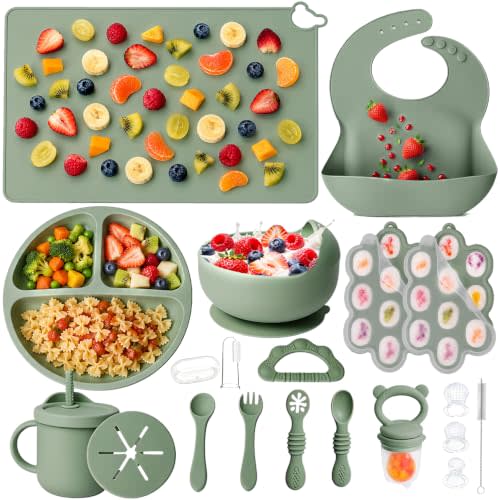 19 Pcs Silicone Baby Feeding Set Eating Essentials for Newborn | Toddler Plates and Bowls Set with Bib Sippy Cup Fruit Feeder Freezer Tray Fork & Spoon Infant Led Weaning Supplies Utensils