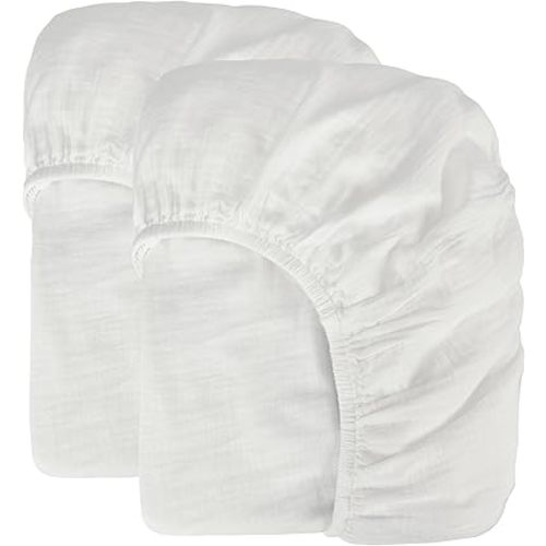 Bioweaves Organic Cotton Muslin Bassinet Sheet, GOTS Certified Extra Soft Fitted Sheet, Universal Fit for Oval Baby Bassinet Mattresses, 33" x 17", 4 Inch Pocket, White, Pack of 2
