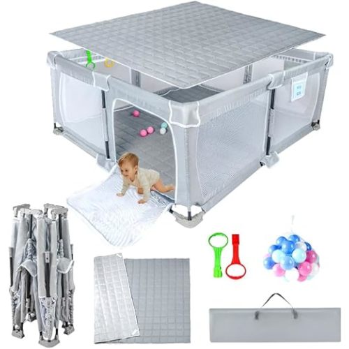 Foldable Baby Playpen 50"x50"，Playpen for Babies and Toddlers with Mat，Foldable playpen with Door，Indoor and Outdoor Baby Fence Play Area (Light Gray, Foldable 50"x50" with Mat)