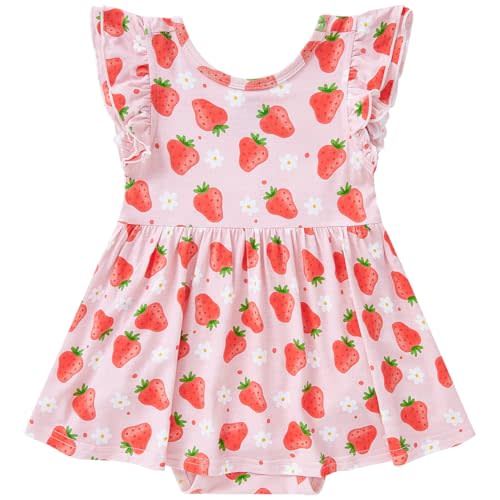 pureborn Baby Girls Viscose from Bamboo Bodysuit Dress Romper Dresses 0-24M | OEKO-TEX Certified, buttery soft, stretchy, breathable, twirly flowy skirt, ruffle flutter sleeves, all-over prints